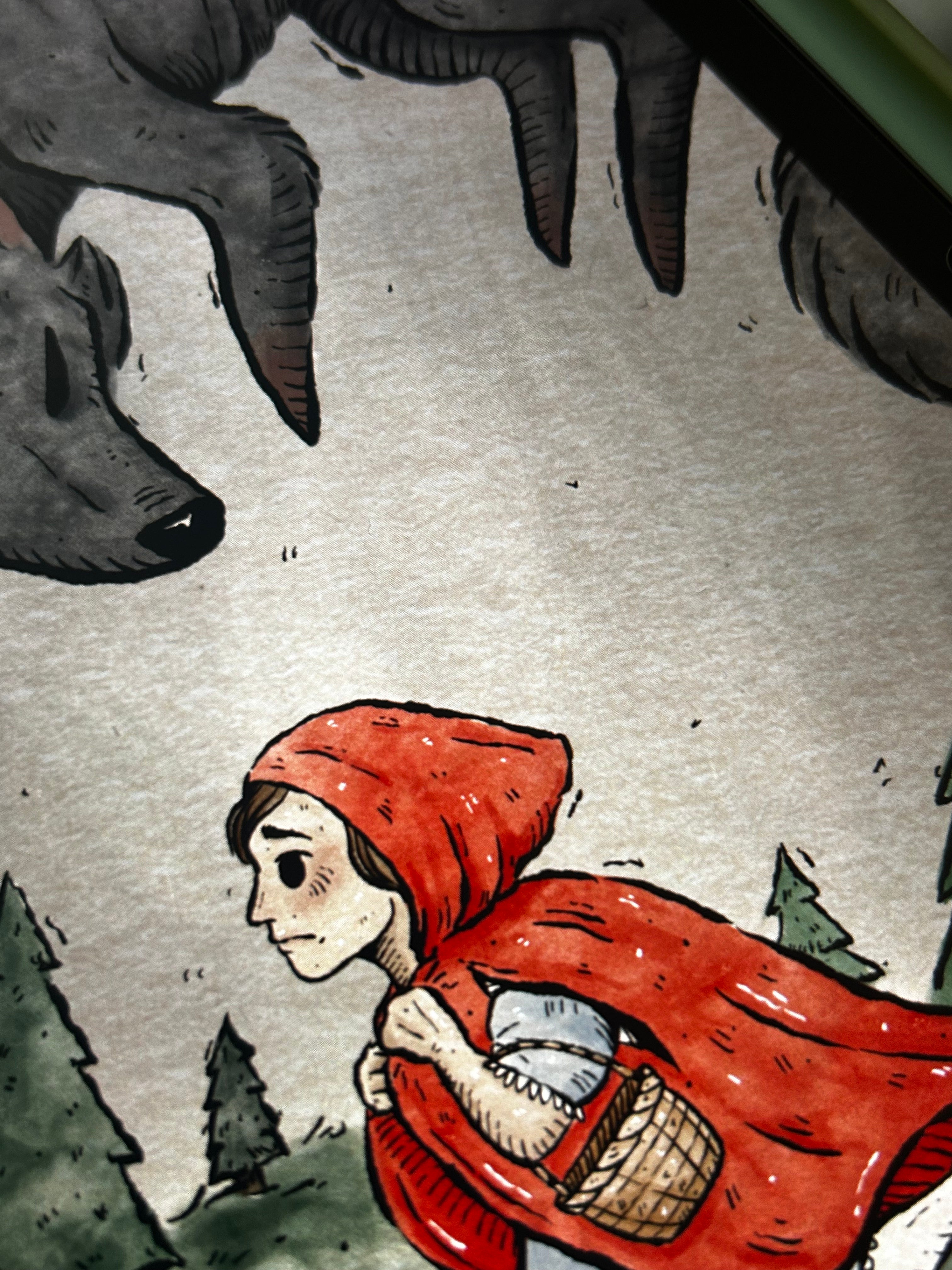 Illustration of red riding hood with a basket, running away